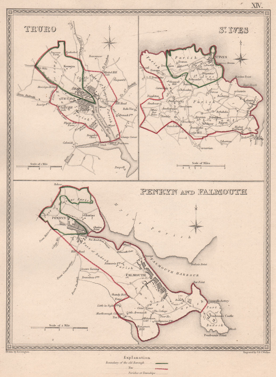 CORNWALL TOWNS. Truro St Ives Penryn Falmouth plans. CREIGHTON/WALKER 1835 map